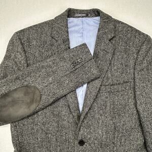 H&M Moon English Tweed Wool Blazer Mens 38R Gray Herringbone Elbow Patches Jacke
